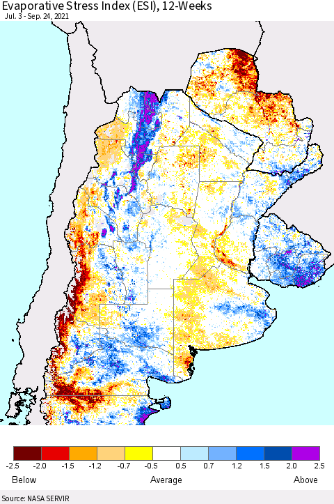 Southern South America Evaporative Stress Index (ESI), 12-Weeks Thematic Map For 9/20/2021 - 9/26/2021