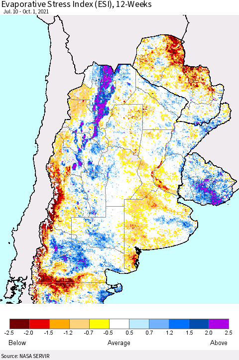 Southern South America Evaporative Stress Index (ESI), 12-Weeks Thematic Map For 9/27/2021 - 10/3/2021