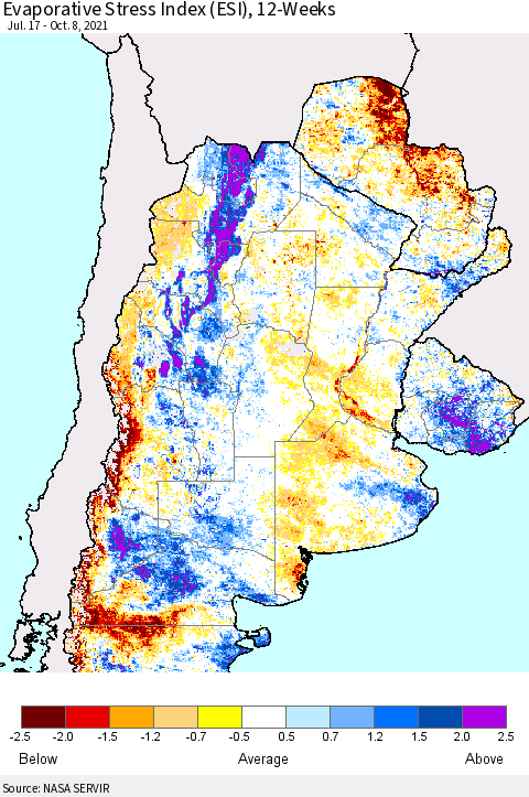 Southern South America Evaporative Stress Index (ESI), 12-Weeks Thematic Map For 10/4/2021 - 10/10/2021