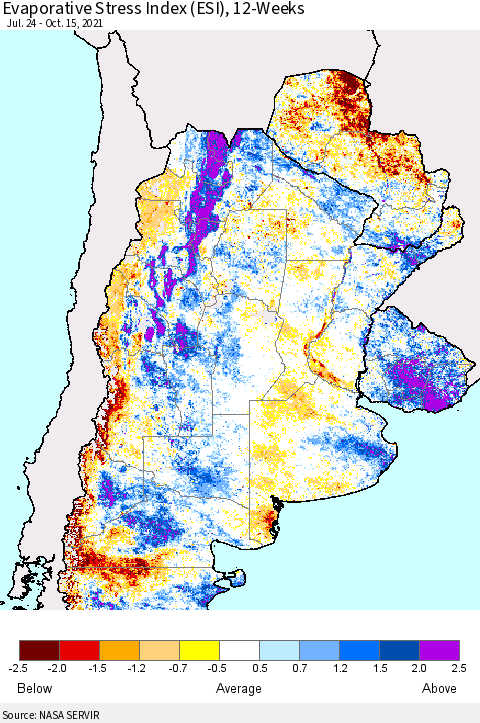 Southern South America Evaporative Stress Index (ESI), 12-Weeks Thematic Map For 10/11/2021 - 10/17/2021
