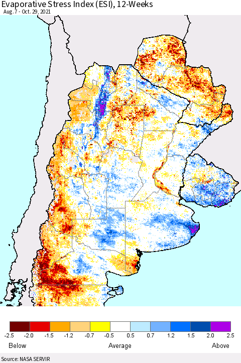 Southern South America Evaporative Stress Index (ESI), 12-Weeks Thematic Map For 10/25/2021 - 10/31/2021
