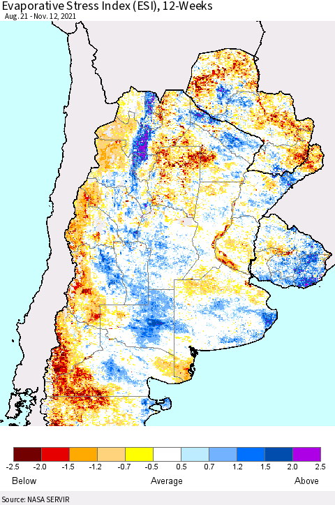 Southern South America Evaporative Stress Index (ESI), 12-Weeks Thematic Map For 11/8/2021 - 11/14/2021
