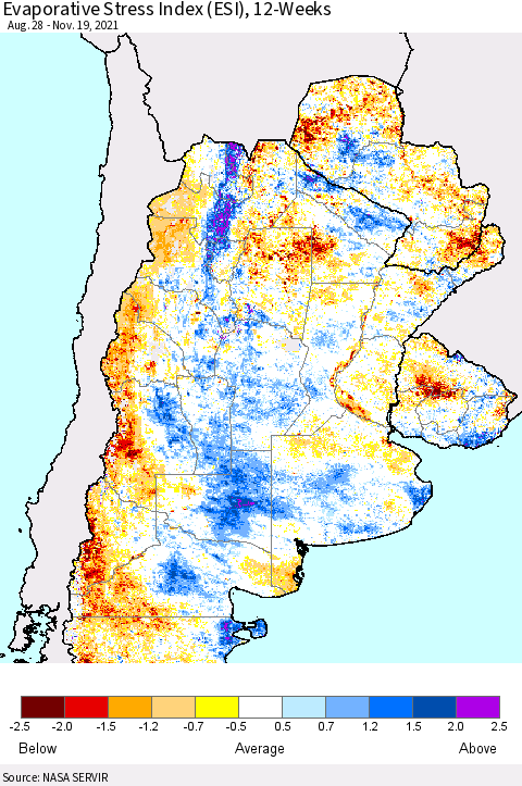 Southern South America Evaporative Stress Index (ESI), 12-Weeks Thematic Map For 11/15/2021 - 11/21/2021