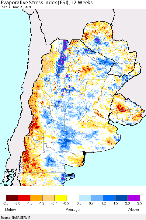 Southern South America Evaporative Stress Index (ESI), 12-Weeks Thematic Map For 11/22/2021 - 11/28/2021