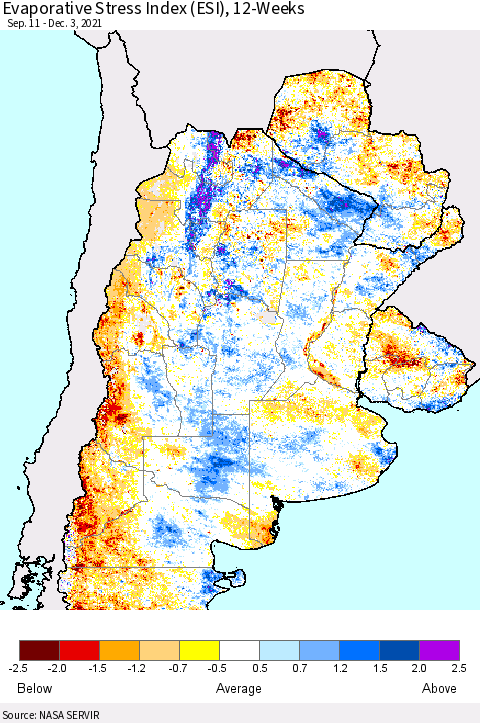 Southern South America Evaporative Stress Index (ESI), 12-Weeks Thematic Map For 11/29/2021 - 12/5/2021