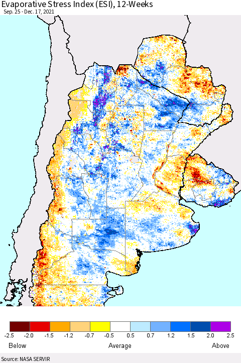 Southern South America Evaporative Stress Index (ESI), 12-Weeks Thematic Map For 12/13/2021 - 12/19/2021