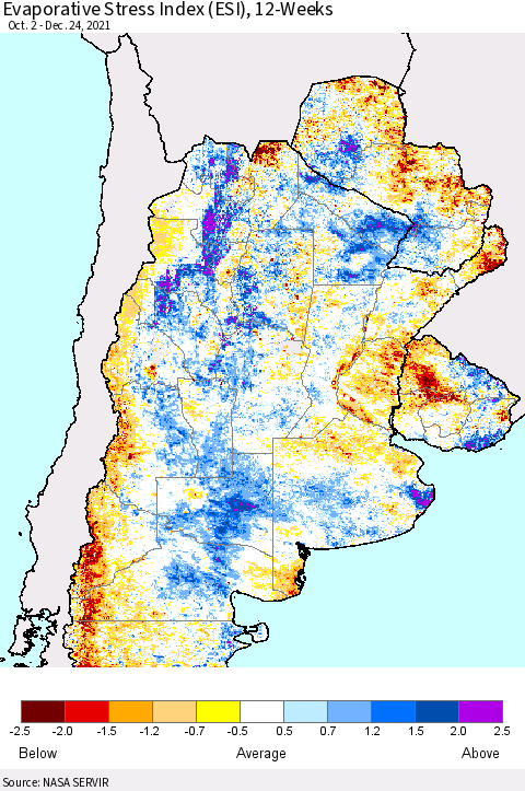 Southern South America Evaporative Stress Index (ESI), 12-Weeks Thematic Map For 12/20/2021 - 12/26/2021