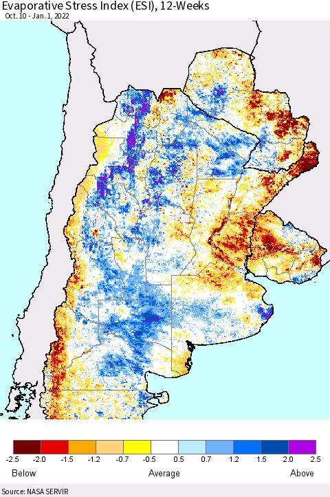 Southern South America Evaporative Stress Index (ESI), 12-Weeks Thematic Map For 12/27/2021 - 1/2/2022