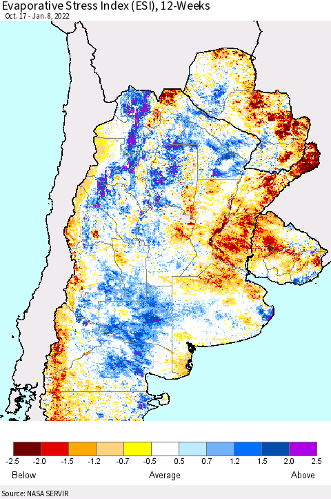 Southern South America Evaporative Stress Index (ESI), 12-Weeks Thematic Map For 1/3/2022 - 1/9/2022