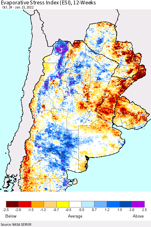 Southern South America Evaporative Stress Index (ESI), 12-Weeks Thematic Map For 1/10/2022 - 1/16/2022