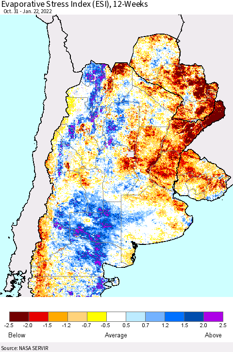 Southern South America Evaporative Stress Index (ESI), 12-Weeks Thematic Map For 1/17/2022 - 1/23/2022