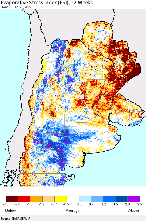Southern South America Evaporative Stress Index (ESI), 12-Weeks Thematic Map For 1/24/2022 - 1/30/2022