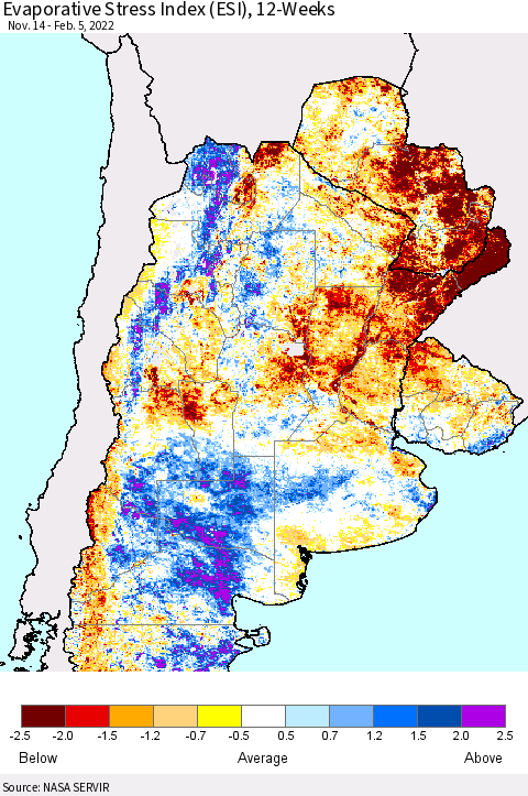 Southern South America Evaporative Stress Index (ESI), 12-Weeks Thematic Map For 1/31/2022 - 2/6/2022