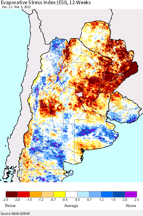 Southern South America Evaporative Stress Index (ESI), 12-Weeks Thematic Map For 2/28/2022 - 3/6/2022