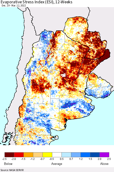 Southern South America Evaporative Stress Index (ESI), 12-Weeks Thematic Map For 3/7/2022 - 3/13/2022