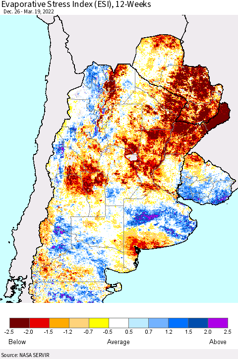 Southern South America Evaporative Stress Index (ESI), 12-Weeks Thematic Map For 3/14/2022 - 3/20/2022