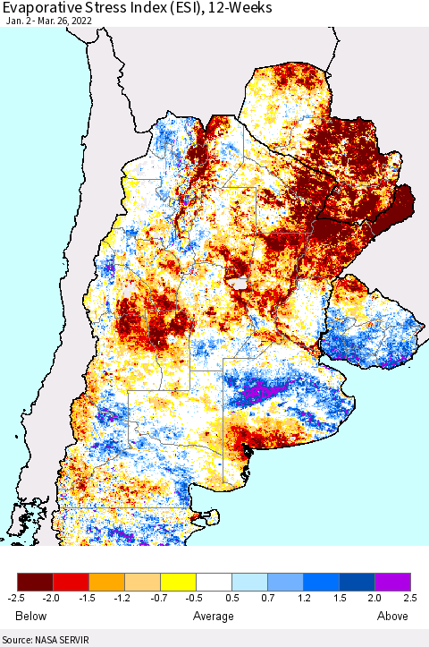Southern South America Evaporative Stress Index (ESI), 12-Weeks Thematic Map For 3/21/2022 - 3/27/2022