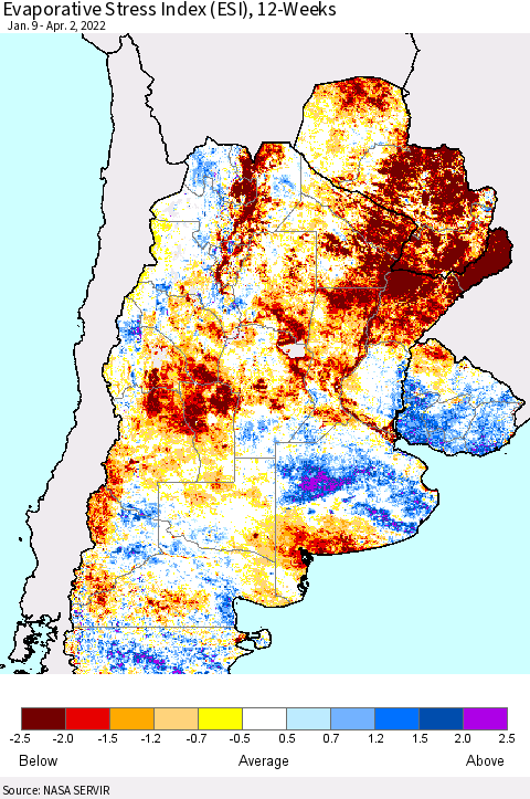 Southern South America Evaporative Stress Index (ESI), 12-Weeks Thematic Map For 3/28/2022 - 4/3/2022