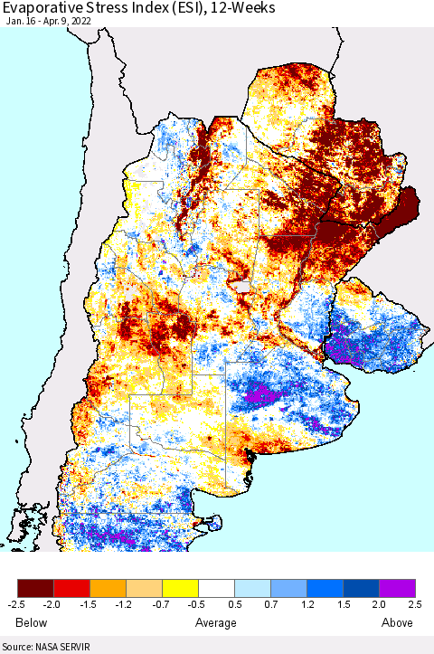 Southern South America Evaporative Stress Index (ESI), 12-Weeks Thematic Map For 4/4/2022 - 4/10/2022