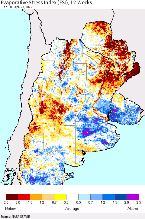 Southern South America Evaporative Stress Index (ESI), 12-Weeks Thematic Map For 4/18/2022 - 4/24/2022