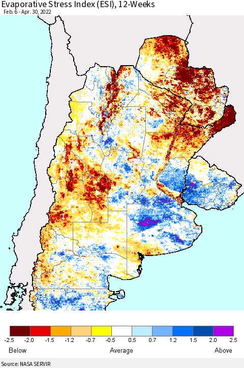 Southern South America Evaporative Stress Index (ESI), 12-Weeks Thematic Map For 4/25/2022 - 5/1/2022
