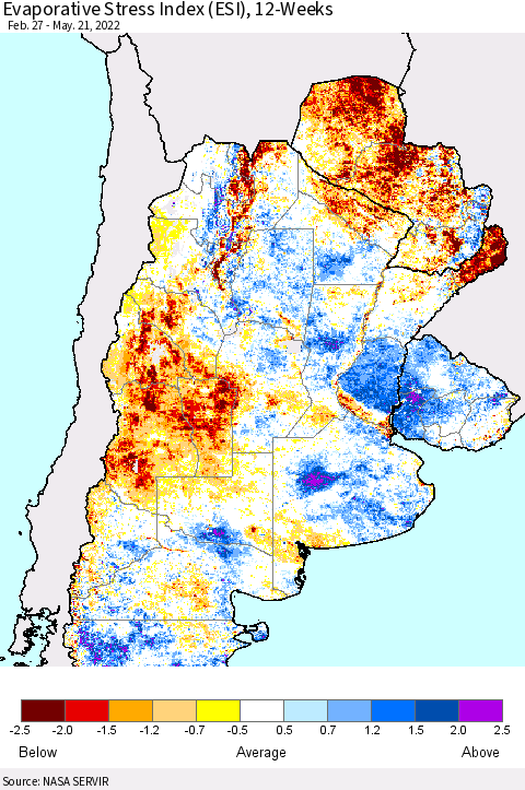 Southern South America Evaporative Stress Index (ESI), 12-Weeks Thematic Map For 5/16/2022 - 5/22/2022