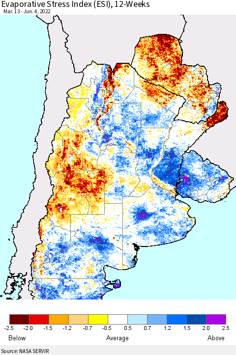 Southern South America Evaporative Stress Index (ESI), 12-Weeks Thematic Map For 5/30/2022 - 6/5/2022