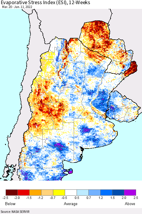 Southern South America Evaporative Stress Index (ESI), 12-Weeks Thematic Map For 6/6/2022 - 6/12/2022