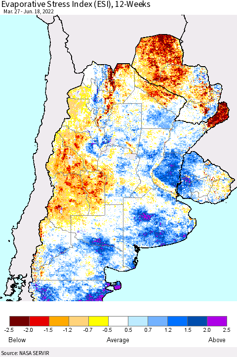 Southern South America Evaporative Stress Index (ESI), 12-Weeks Thematic Map For 6/13/2022 - 6/19/2022