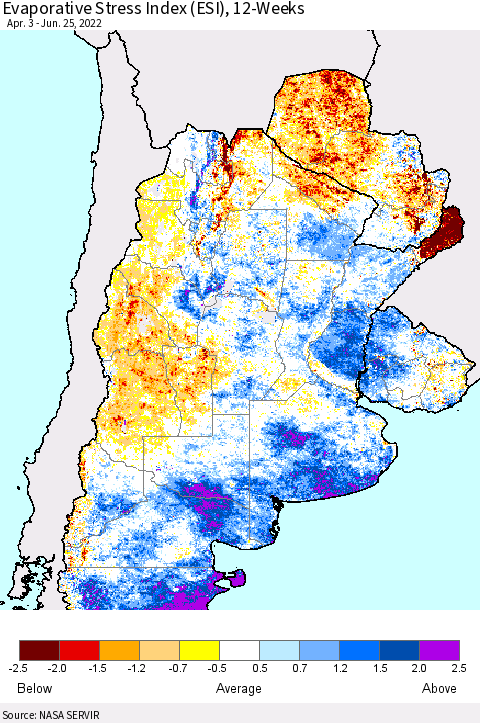 Southern South America Evaporative Stress Index (ESI), 12-Weeks Thematic Map For 6/20/2022 - 6/26/2022