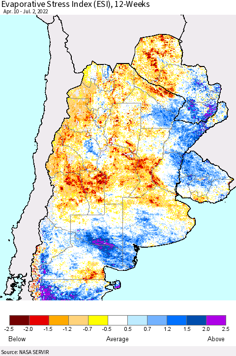 Southern South America Evaporative Stress Index (ESI), 12-Weeks Thematic Map For 6/27/2022 - 7/3/2022
