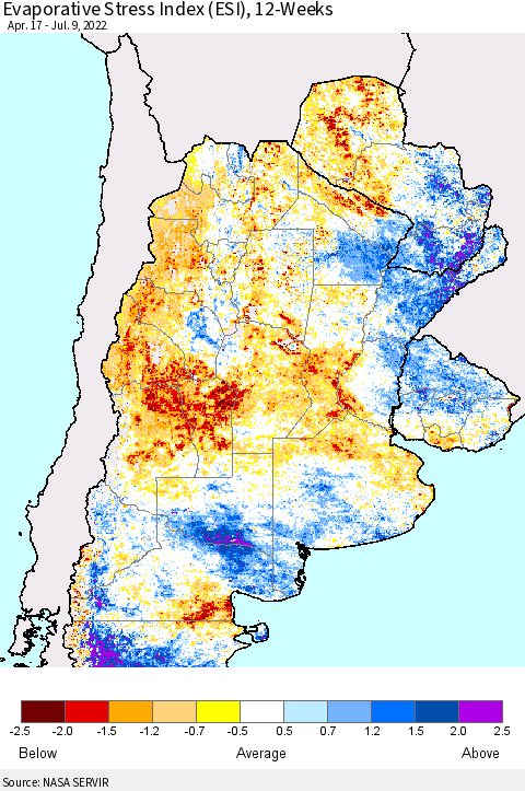 Southern South America Evaporative Stress Index (ESI), 12-Weeks Thematic Map For 7/4/2022 - 7/10/2022