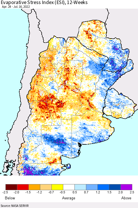Southern South America Evaporative Stress Index (ESI), 12-Weeks Thematic Map For 7/11/2022 - 7/17/2022