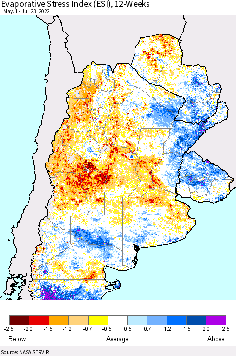 Southern South America Evaporative Stress Index (ESI), 12-Weeks Thematic Map For 7/18/2022 - 7/24/2022