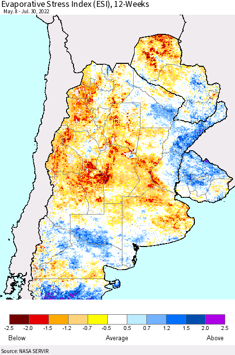 Southern South America Evaporative Stress Index (ESI), 12-Weeks Thematic Map For 7/25/2022 - 7/31/2022