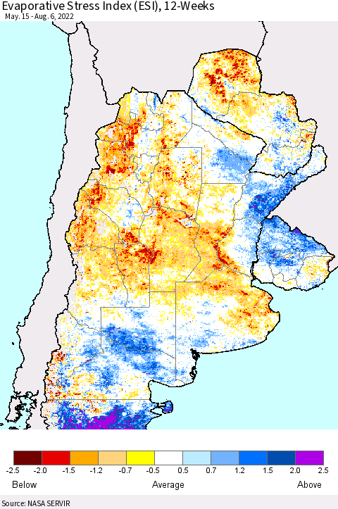 Southern South America Evaporative Stress Index (ESI), 12-Weeks Thematic Map For 8/1/2022 - 8/7/2022