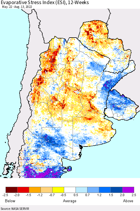 Southern South America Evaporative Stress Index (ESI), 12-Weeks Thematic Map For 8/8/2022 - 8/14/2022