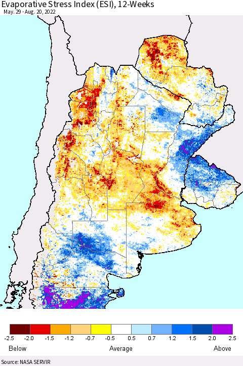 Southern South America Evaporative Stress Index (ESI), 12-Weeks Thematic Map For 8/15/2022 - 8/21/2022