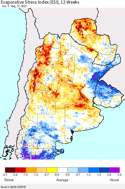 Southern South America Evaporative Stress Index (ESI), 12-Weeks Thematic Map For 8/22/2022 - 8/28/2022