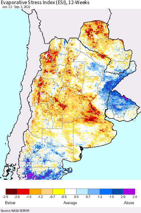 Southern South America Evaporative Stress Index (ESI), 12-Weeks Thematic Map For 8/29/2022 - 9/4/2022