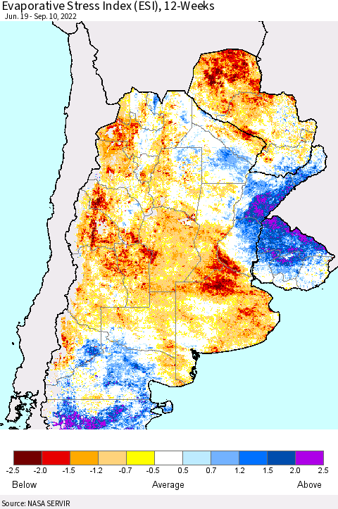 Southern South America Evaporative Stress Index (ESI), 12-Weeks Thematic Map For 9/5/2022 - 9/11/2022