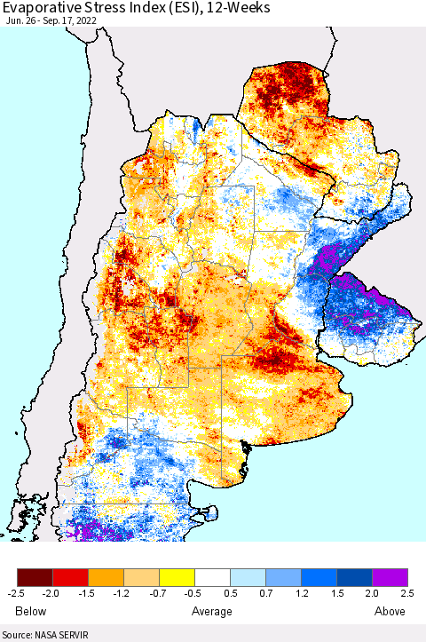Southern South America Evaporative Stress Index (ESI), 12-Weeks Thematic Map For 9/12/2022 - 9/18/2022