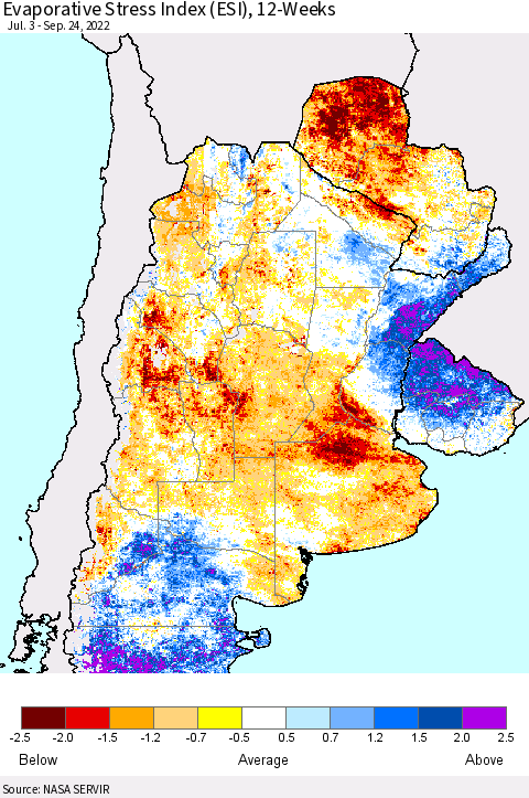 Southern South America Evaporative Stress Index (ESI), 12-Weeks Thematic Map For 9/19/2022 - 9/25/2022