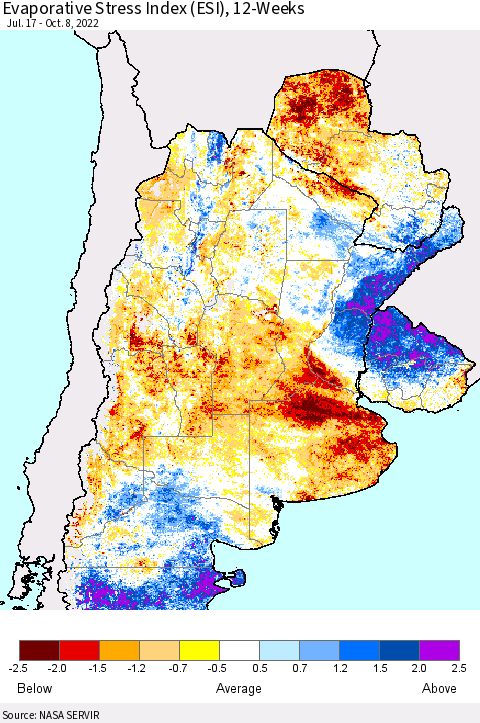 Southern South America Evaporative Stress Index (ESI), 12-Weeks Thematic Map For 10/3/2022 - 10/9/2022
