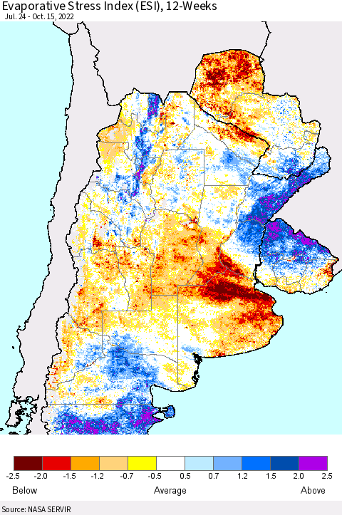 Southern South America Evaporative Stress Index (ESI), 12-Weeks Thematic Map For 10/10/2022 - 10/16/2022