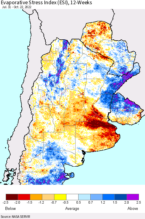 Southern South America Evaporative Stress Index (ESI), 12-Weeks Thematic Map For 10/17/2022 - 10/23/2022
