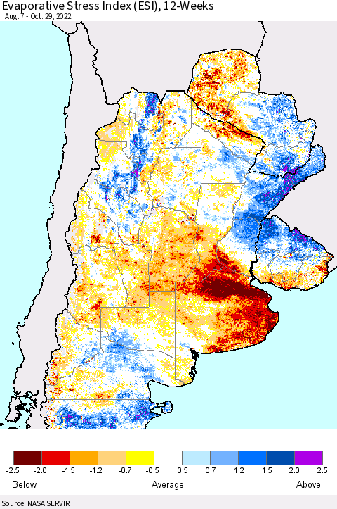 Southern South America Evaporative Stress Index (ESI), 12-Weeks Thematic Map For 10/24/2022 - 10/30/2022