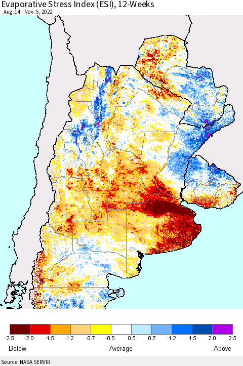 Southern South America Evaporative Stress Index (ESI), 12-Weeks Thematic Map For 10/31/2022 - 11/6/2022