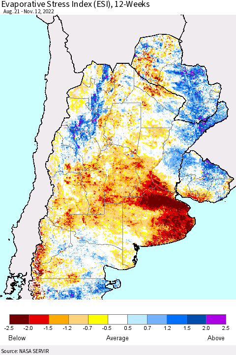 Southern South America Evaporative Stress Index (ESI), 12-Weeks Thematic Map For 11/7/2022 - 11/13/2022