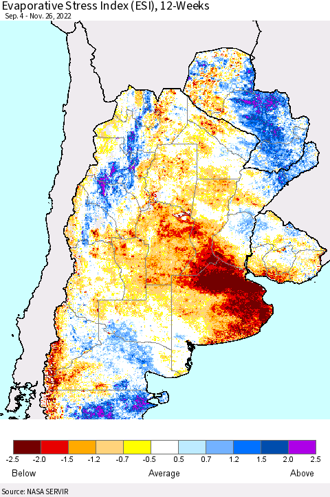 Southern South America Evaporative Stress Index (ESI), 12-Weeks Thematic Map For 11/21/2022 - 11/27/2022